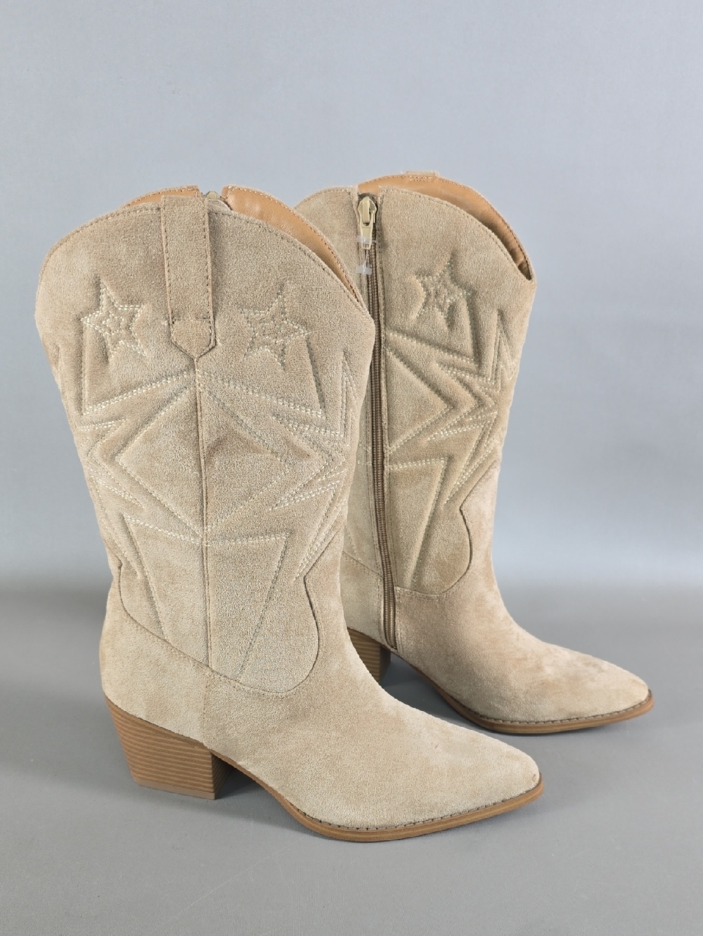 Time and Tru Tan Suede Western Embroidered Mid-Calf Boots Size 9